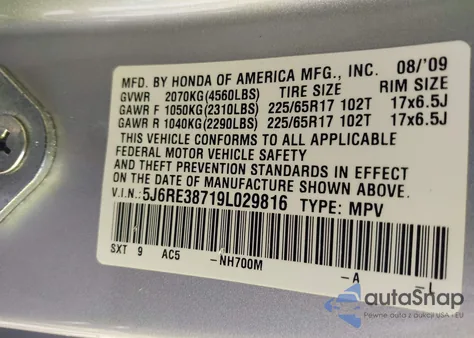 2009 Honda Cr-V Ex-L z USA, uszkodzony, nr VIN 5J6RE38719L029816
